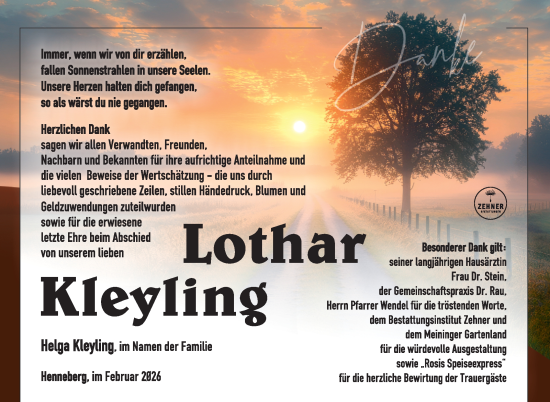 Traueranzeige von Lothar Kleyling von Südthüringer Presse