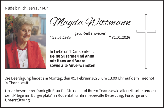 Traueranzeige von Magda Wittmann von Neue Presse Coburg