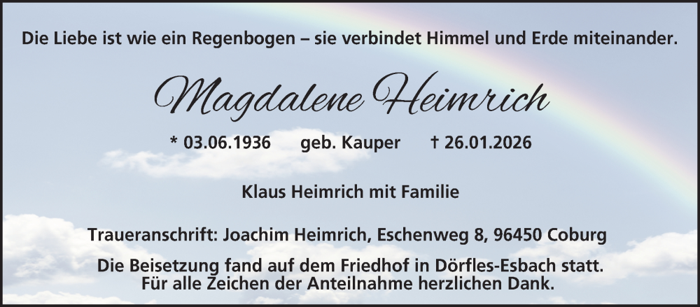  Traueranzeige für Magdalene Heimrich vom 07.02.2026 aus Neue Presse Coburg