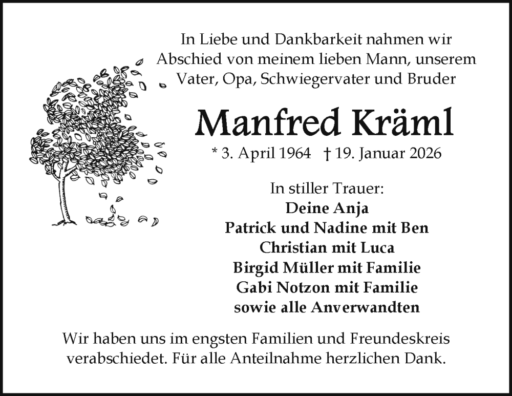  Traueranzeige für Manfred Kräml vom 14.02.2026 aus Frankenpost