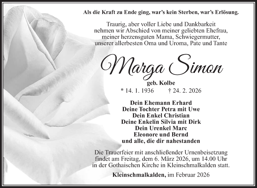  Traueranzeige für Marga Simon vom 28.02.2026 aus Südthüringer Presse