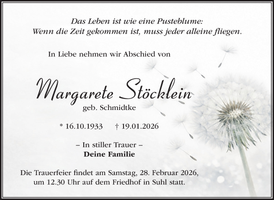 Traueranzeige von Margarete Stöcklein von Südthüringer Presse