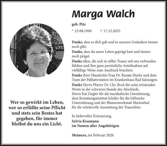 Traueranzeige von Margarete Walch von Südthüringer Presse