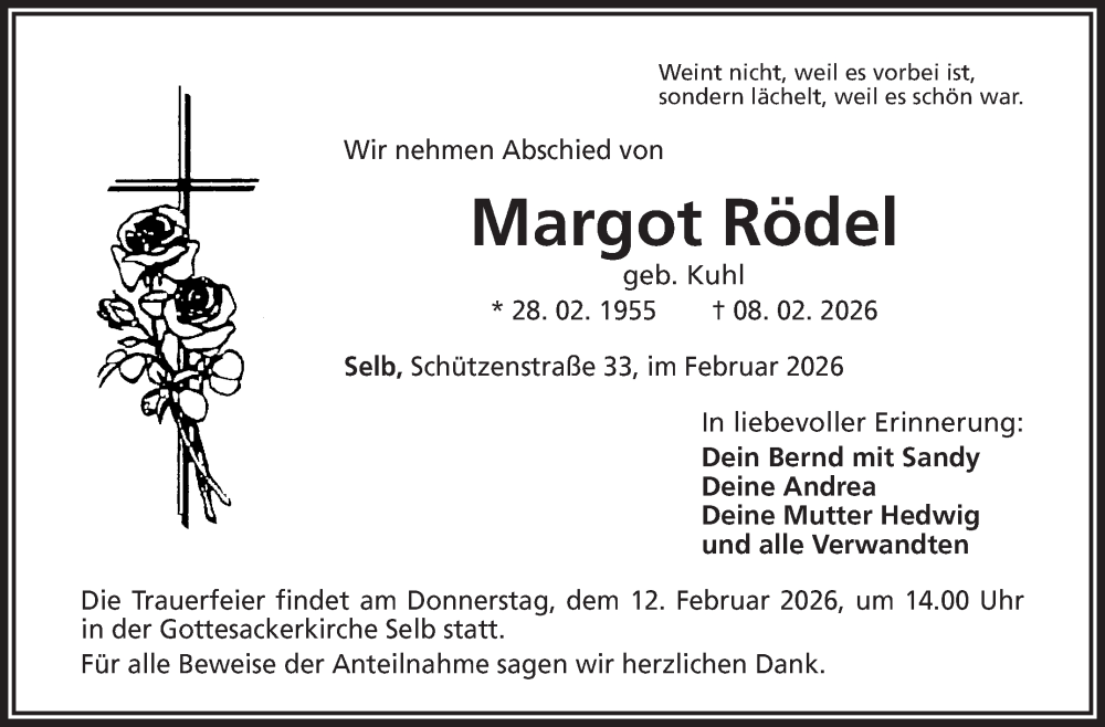  Traueranzeige für Margot Rödel vom 10.02.2026 aus Frankenpost