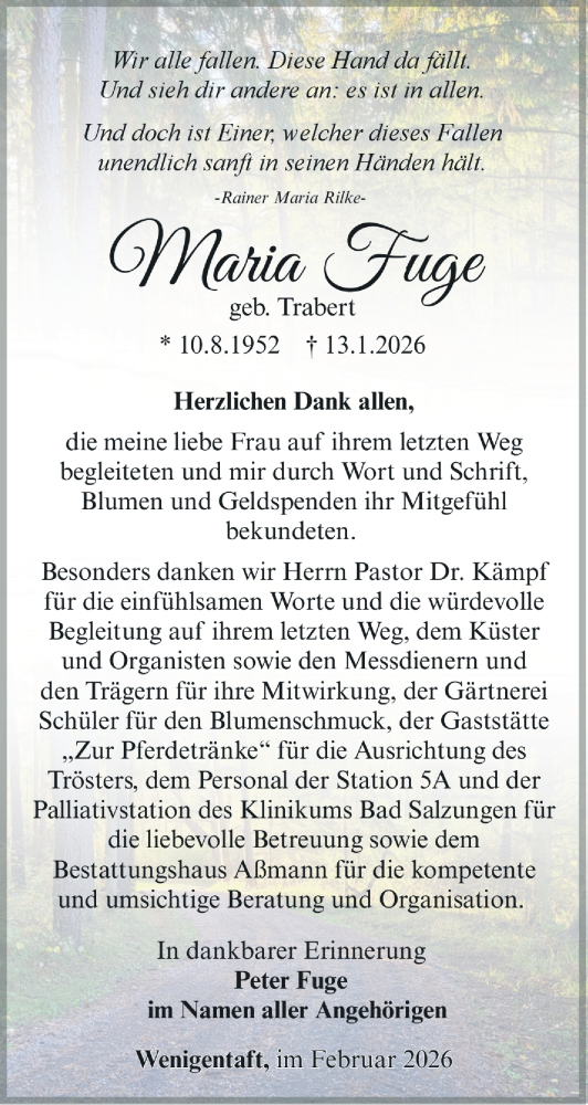 Traueranzeige von Maria Fuge von Südthüringer Presse