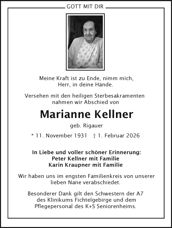 Traueranzeige von Marianne Kellner von Frankenpost
