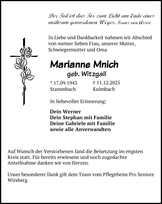 Traueranzeige von Marianne Mnich von Frankenpost