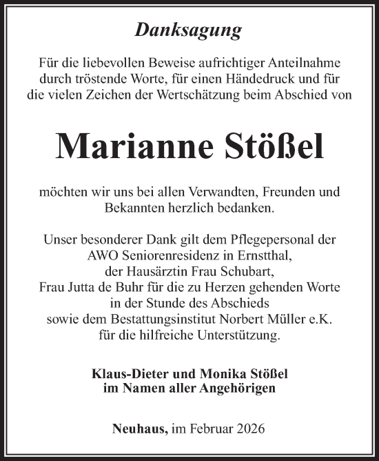 Traueranzeige von Marianne Stößel von Südthüringer Presse
