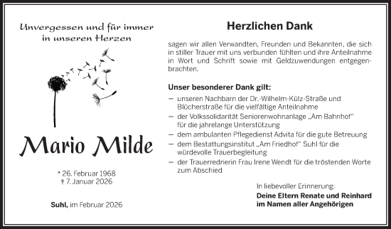 Traueranzeige von Mario Milde von Südthüringer Presse
