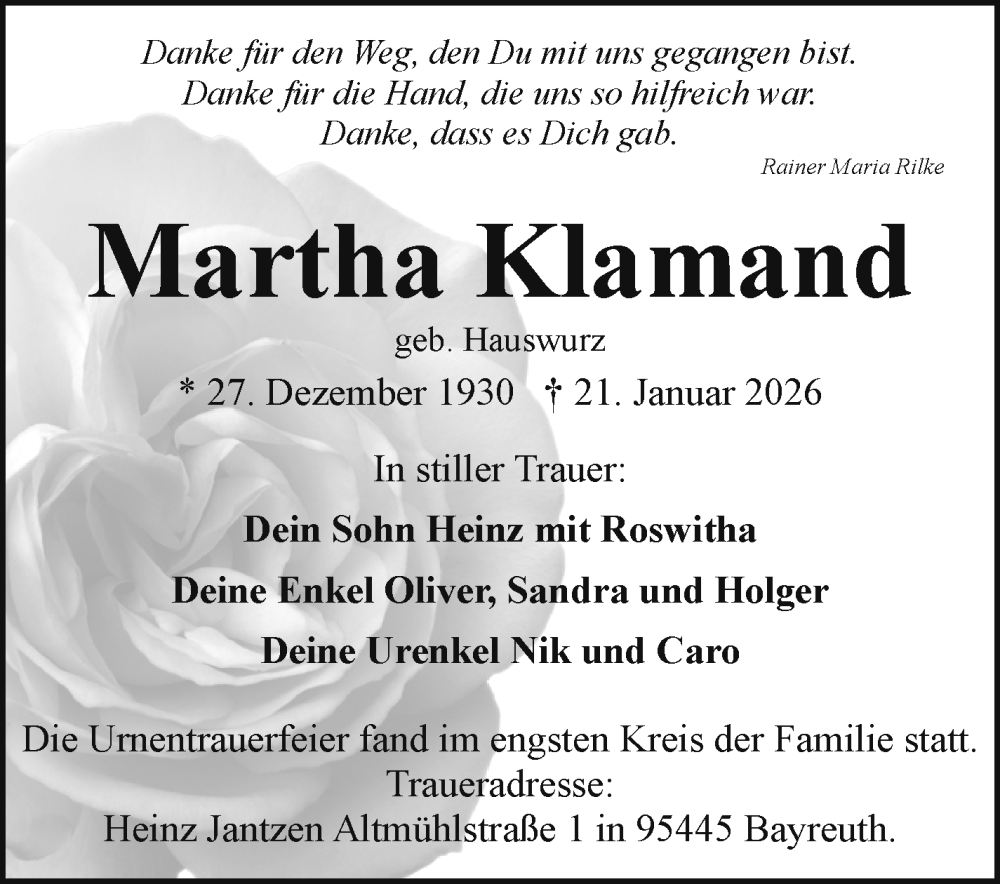  Traueranzeige für Martha Klamand vom 14.02.2026 aus Frankenpost