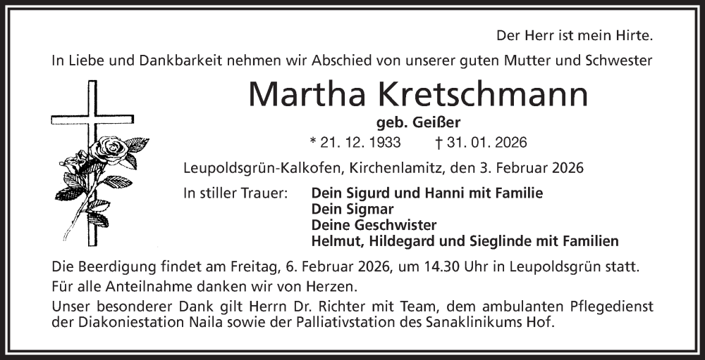  Traueranzeige für Martha Kretschmann vom 03.02.2026 aus Frankenpost