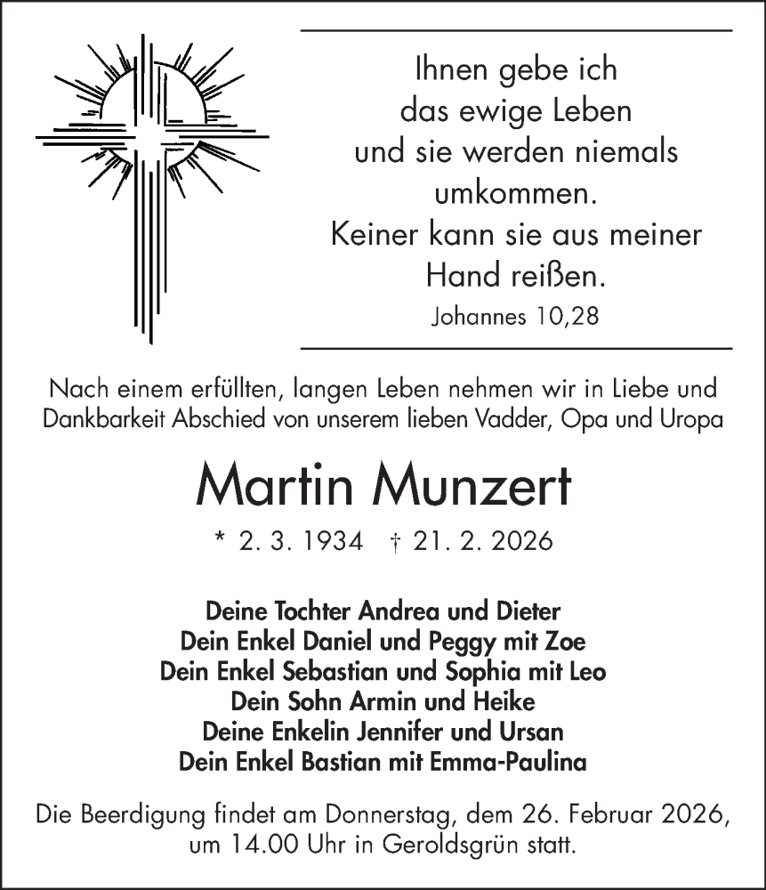  Traueranzeige für Martin Munzert vom 24.02.2026 aus Frankenpost