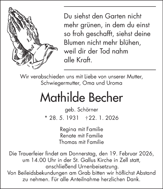 Traueranzeige von Mathilde Becher von Frankenpost