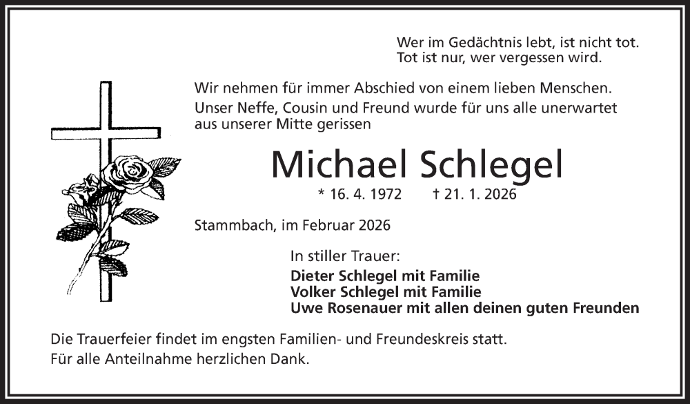  Traueranzeige für Michael Schlegel vom 14.02.2026 aus Frankenpost