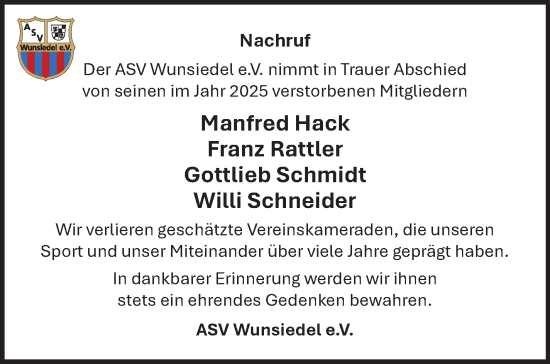 Traueranzeige von Nachruf ASV Wunsiedel e.V. von Frankenpost