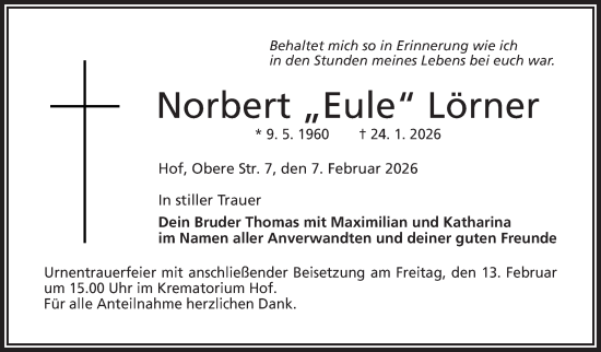 Traueranzeige von Norbert Lörner von Frankenpost