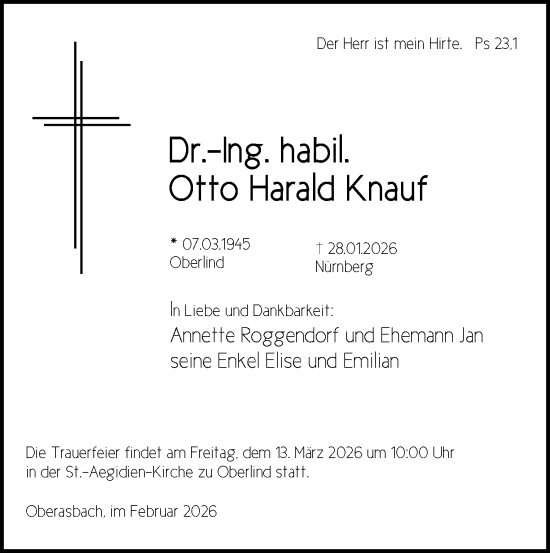 Traueranzeige von Otto Harald Knauf von Südthüringer Presse