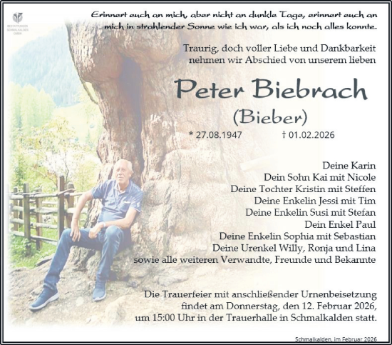 Traueranzeige von Peter Biebrach von Südthüringer Presse