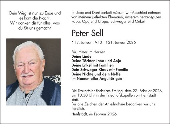 Traueranzeige von Peter Sell von Südthüringer Presse