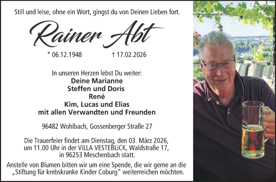 Traueranzeige von Rainer Abt von Neue Presse Coburg