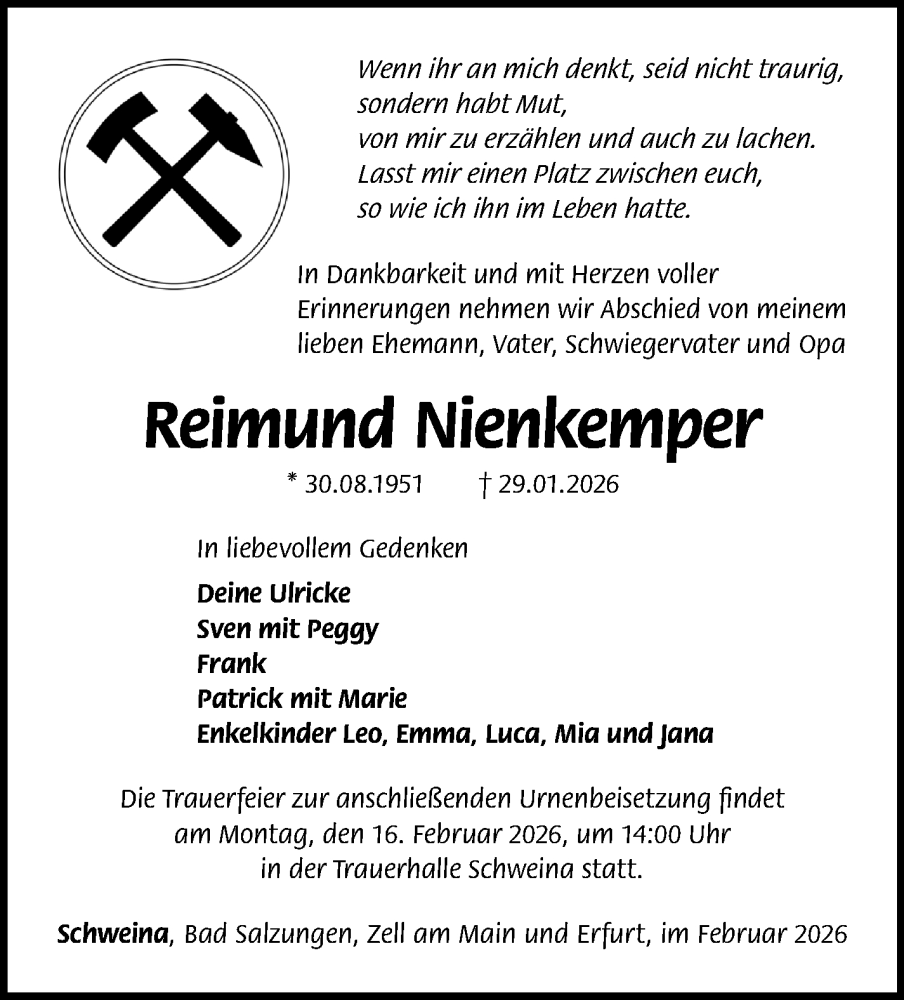  Traueranzeige für Reimund Nienkemper vom 12.02.2026 aus Südthüringer Presse