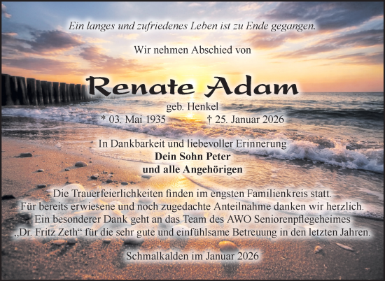 Traueranzeige von Renate Adam von Südthüringer Presse