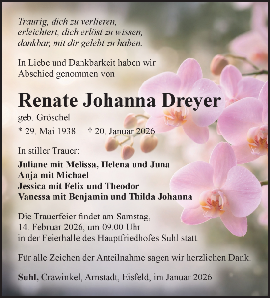 Traueranzeige von Renate Johanna Dreyer von Südthüringer Presse