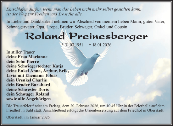 Traueranzeige von Roland Preinesberger von Südthüringer Presse
