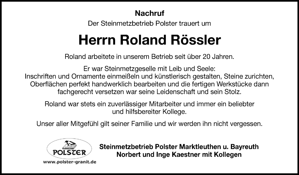  Traueranzeige für Roland Rössler vom 07.02.2026 aus Frankenpost