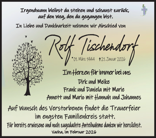 Traueranzeige von Rolf Tischendorf von Südthüringer Presse