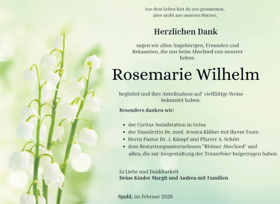 Traueranzeige von Rosemarie Wilhelm von Südthüringer Presse