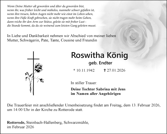 Traueranzeige von Roswitha König von Südthüringer Presse