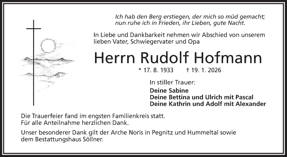  Traueranzeige für Rudolf Hofmann vom 04.02.2026 aus Frankenpost