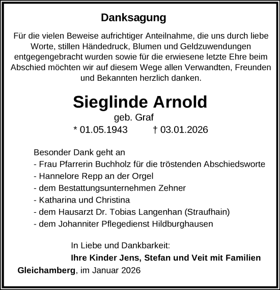 Traueranzeige von Sieglinde Arnold von Südthüringer Presse