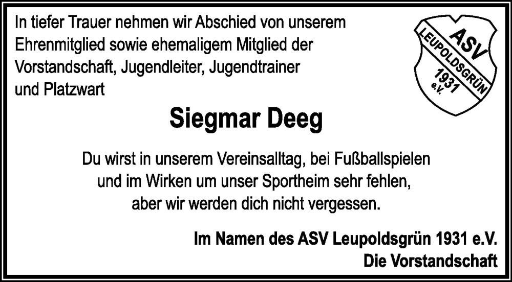  Traueranzeige für Siegmar Deeg vom 03.02.2026 aus Frankenpost