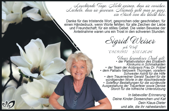 Traueranzeige von Sigrid Weiser von Südthüringer Presse