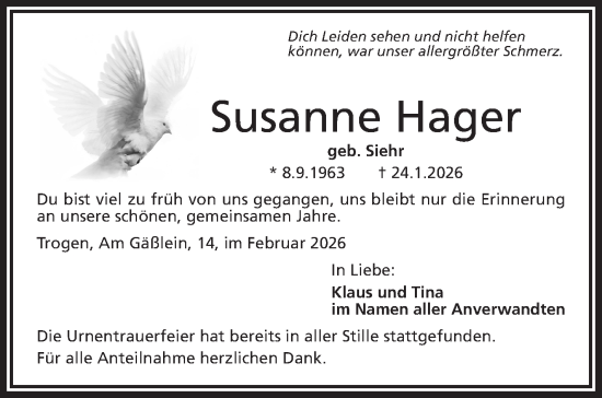 Traueranzeige von Susanne Hager von Frankenpost