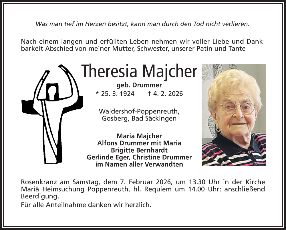 Traueranzeige für Theresia Majcher vom 06.02.2026 aus Frankenpost