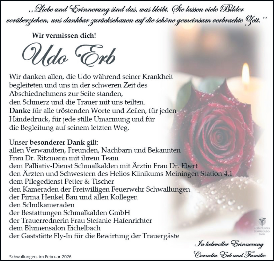 Traueranzeige von Udo Erb von Südthüringer Presse