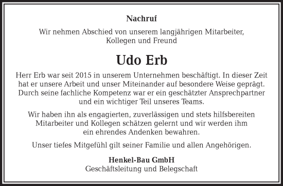 Traueranzeige von Udo Erb von Südthüringer Presse