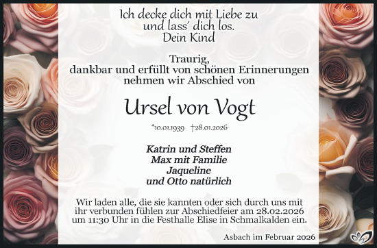 Traueranzeige von Ursel von Vogt von Südthüringer Presse