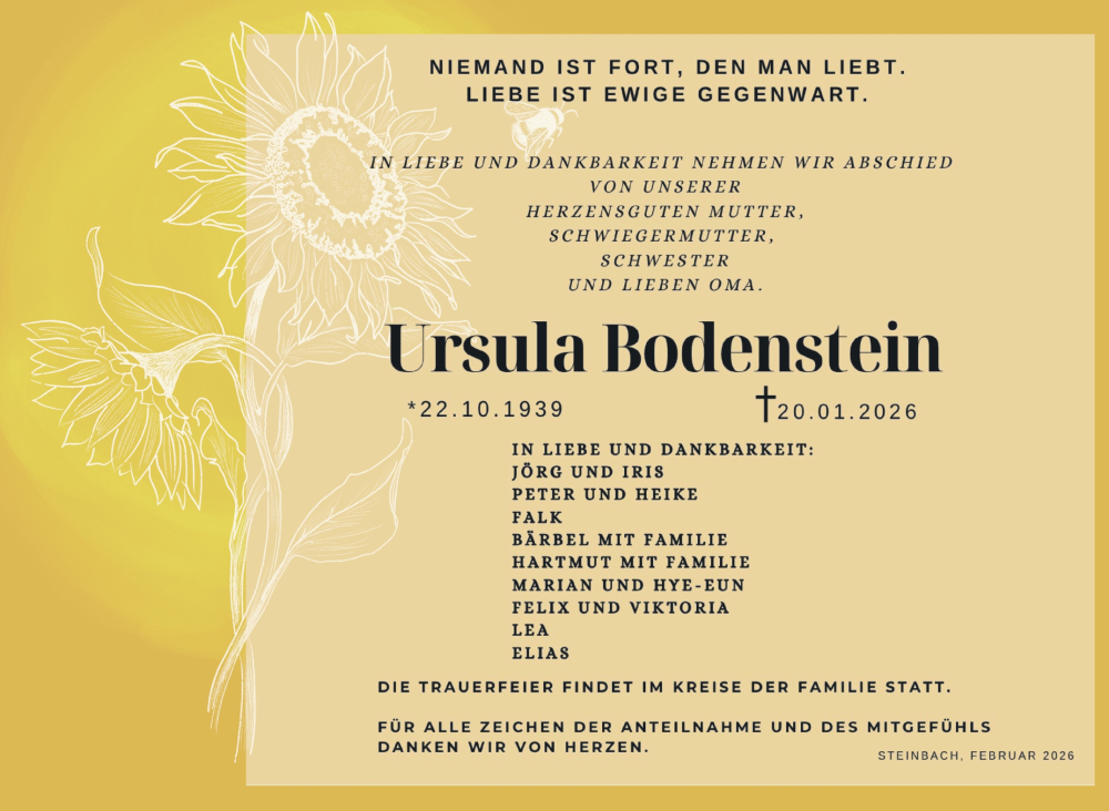  Traueranzeige für Ursula Bodenstein vom 06.02.2026 aus Südthüringer Presse