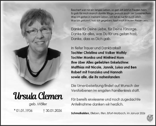 Traueranzeige von Ursula Clemen von Südthüringer Presse