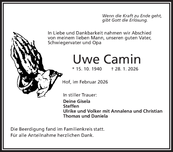Traueranzeige von Uwe Carmin von Frankenpost