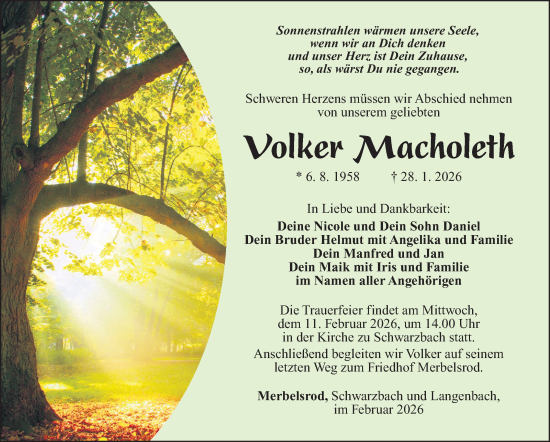 Traueranzeige von Volker Macholeth von Südthüringer Presse