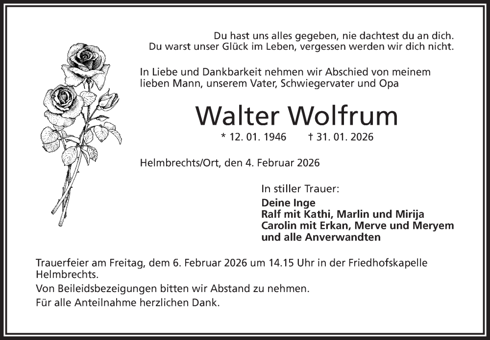  Traueranzeige für Walter Wolfrum vom 04.02.2026 aus Frankenpost