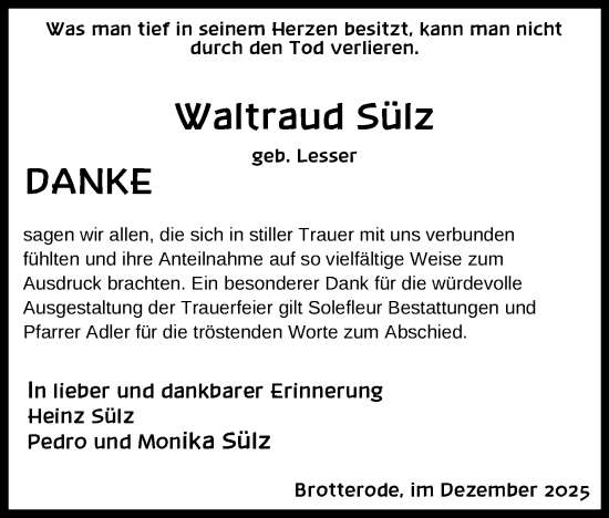 Traueranzeige von Waltraud Sülz von Südthüringer Presse
