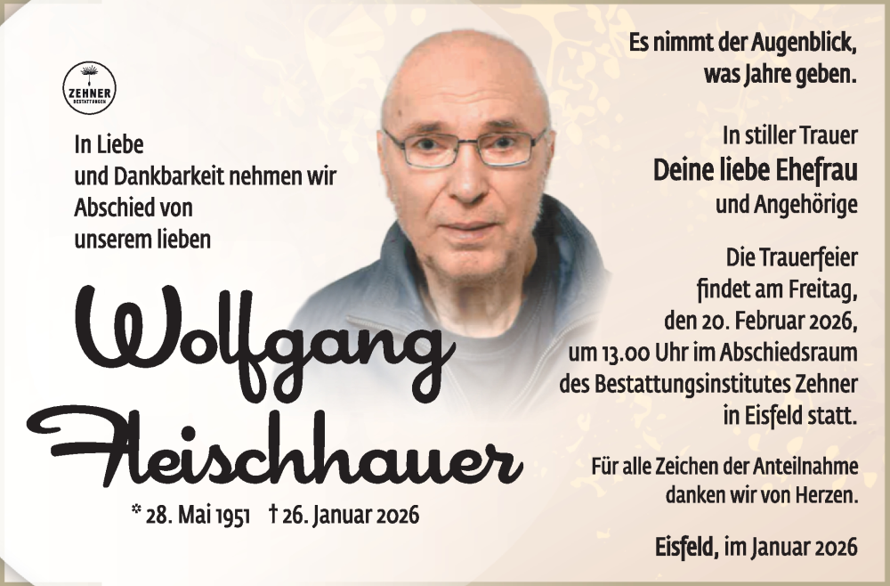  Traueranzeige für Wolfgang Fleischhauer vom 14.02.2026 aus Südthüringer Presse