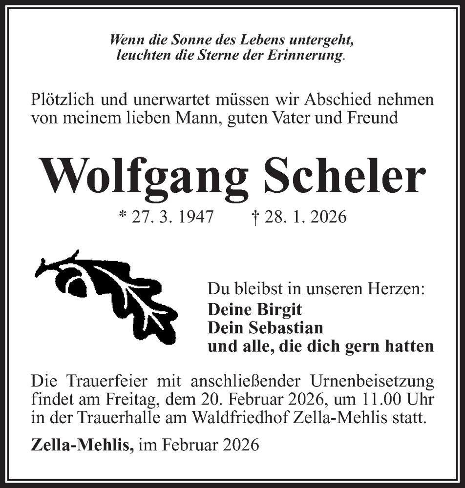  Traueranzeige für Wolfgang Scheler vom 07.02.2026 aus Südthüringer Presse